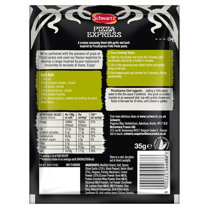 The back of a Schwartz Pizza Express Sa Pe Garlicbasil Creamy Pasta seasoning packet, displaying the ingredients, nutritional information, and cooking instructions.