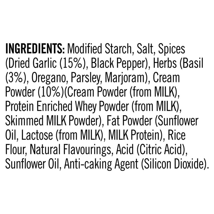 The ingredients list for the Sa Pe Garlicbasil Creamy Pasta is displayed in black text, detailing components like spices, herbs, and cream powder.