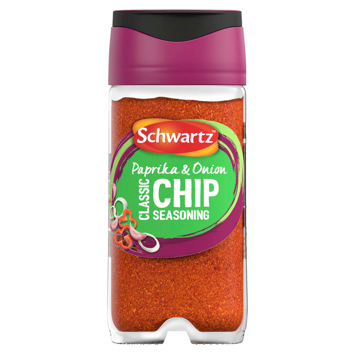 A clear glass jar filled with vibrant red Schwartz Paprika & Onion Classic Chip Seasoning 55G featuring a purple and green label with illustrations of onion and pepper slices.