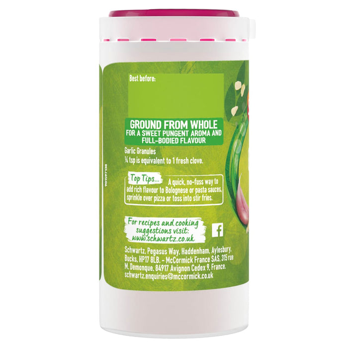 The back of a jar of Schwartz Garlic Granules 41G displays cooking suggestions, company information, and usage tips.