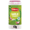 A white container of Schwartz Garlic Granules 41G features a green label with images of garlic cloves and granules, set against a white background.