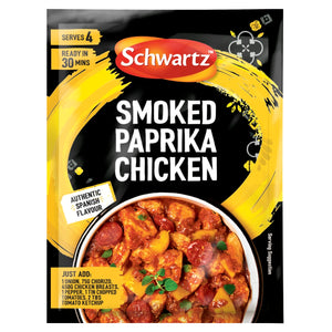 A packet of Schwartz Smoked Paprika Chicken 28G seasoning mix featuring a vibrant yellow brushstroke design and a bowl of the prepared dish with chicken and chorizo.