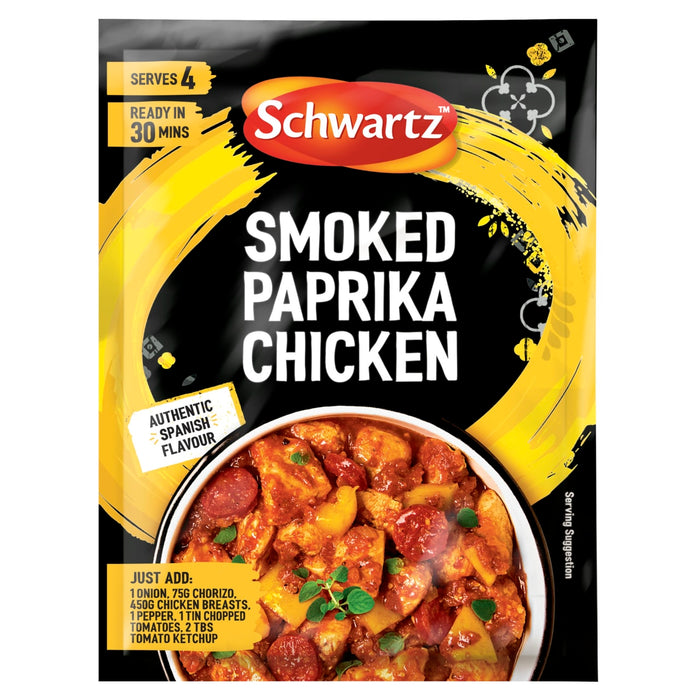 A packet of Schwartz Smoked Paprika Chicken 28G seasoning mix featuring a vibrant yellow brushstroke design and a bowl of the prepared dish with chicken and chorizo.