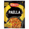 A packet of Schwartz Paella 30G seasoning mix featuring a vibrant yellow brushstroke design and a serving suggestion of a traditional paella pan filled with rice, prawns, chorizo, and peas.