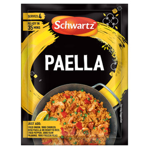 A packet of Schwartz Paella 30G seasoning mix featuring a vibrant yellow brushstroke design and a serving suggestion of a traditional paella pan filled with rice, prawns, chorizo, and peas.