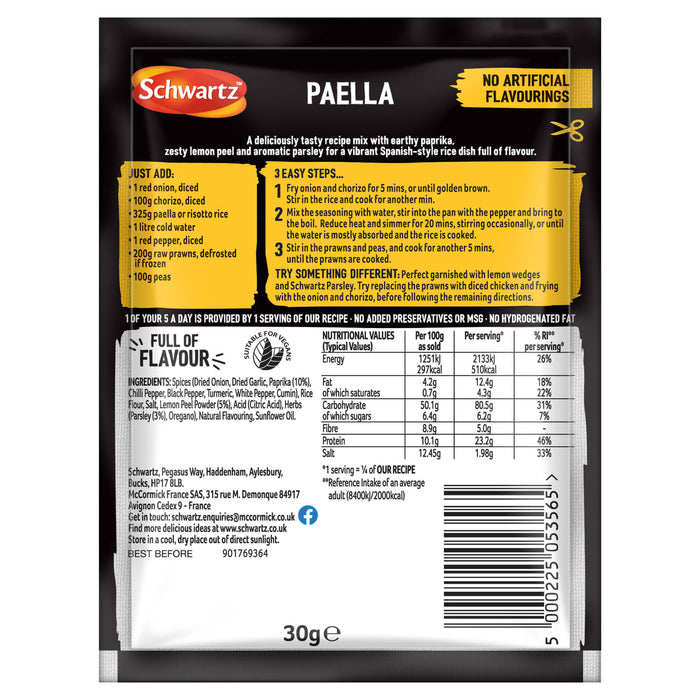 The back of a packet of Schwartz Paella 30G provides a list of ingredients to add, three easy cooking steps, and a detailed nutritional information table.