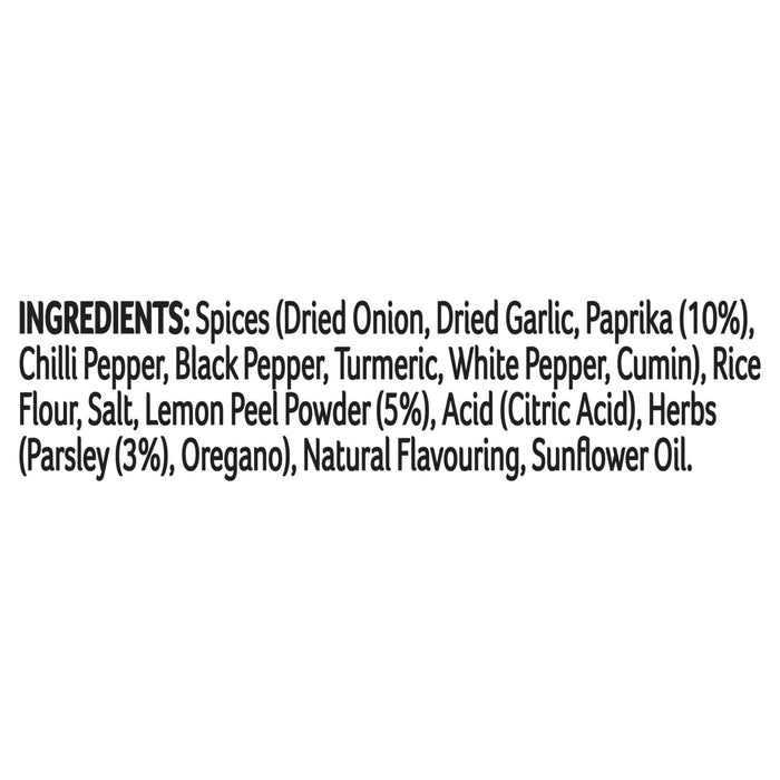 A detailed list of ingredients for Schwartz Paella 30G including spices like paprika and turmeric along with lemon peel powder and herbs.