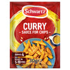 A 30g packet of Schwartz Curry Sauce For Chips 30G featuring a bowl of seasoned potato wedges and a small jug of golden curry sauce.