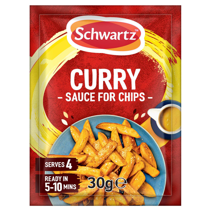 A 30g packet of Schwartz Curry Sauce For Chips 30G featuring a bowl of seasoned potato wedges and a small jug of golden curry sauce.