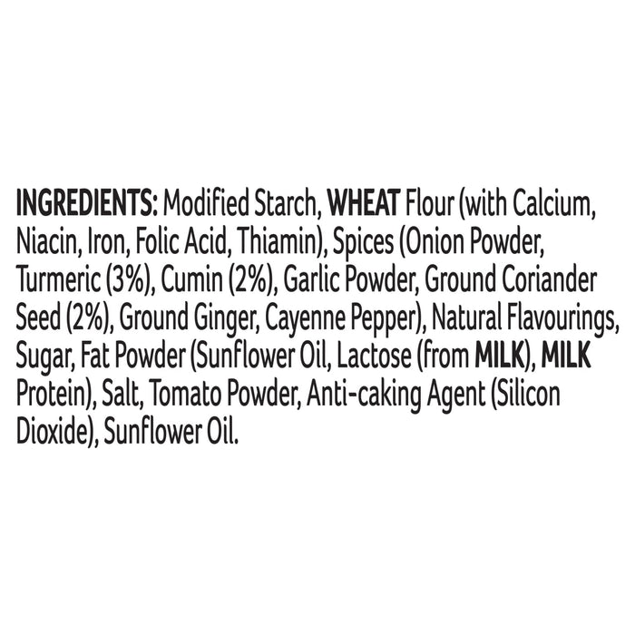 A detailed ingredient list for Schwartz Curry Sauce For Chips 30G featuring wheat flour, various spices like turmeric and cumin, and milk protein.