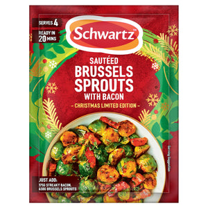 A festive red and green packet of Schwartz Christmas Limited Edition Sautéed Brussels Sprouts With Bacon 30G featuring a serving suggestion of the prepared dish with golden sprouts and crispy bacon pieces.