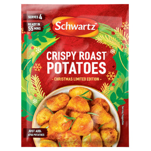 A festive red and green packet of Schwartz Christmas Limited Edition Crispy Roast Potatoes 38G featuring a bowl of golden seasoned potatoes garnished with rosemary.