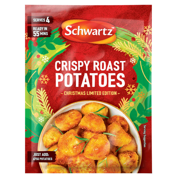 A festive red and green packet of Schwartz Christmas Limited Edition Crispy Roast Potatoes 38G featuring a bowl of golden seasoned potatoes garnished with rosemary.