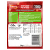 The back of a packet of Schwartz Christmas Limited Edition Crispy Roast Potatoes 38G featuring cooking instructions and nutritional information on a festive red background with snowflake patterns.