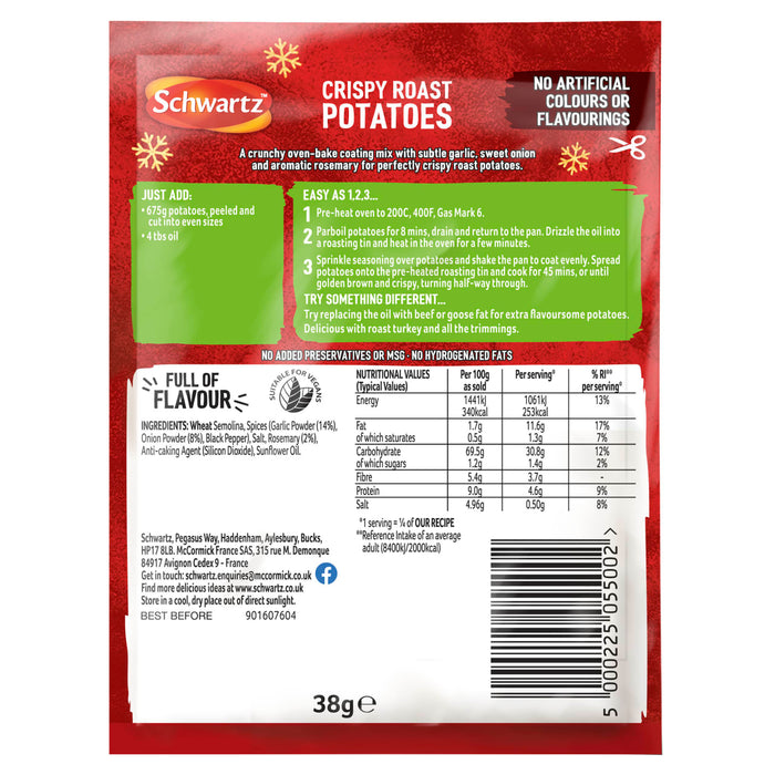 The back of a packet of Schwartz Christmas Limited Edition Crispy Roast Potatoes 38G featuring cooking instructions and nutritional information on a festive red background with snowflake patterns.