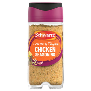 A clear glass jar of Schwartz Lemon & Thyme Chicken Seasoning 43G featuring a vibrant orange and purple label with illustrations of lemon zest and garlic cloves.
