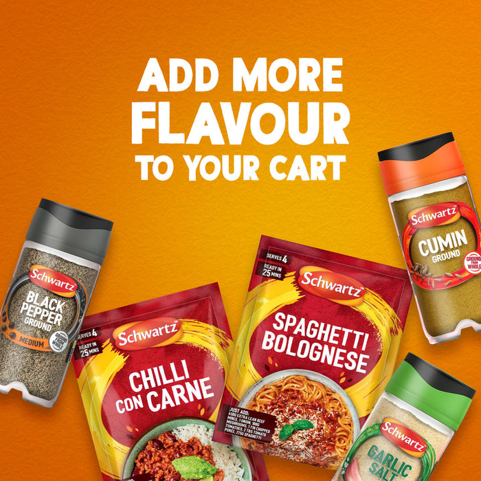 An advertisement for Schwartz products, including Schwartz Cumin Ground 37G, Black Pepper, and meal mixes, is displayed on an orange background with the text, Add more flavour to your cart.