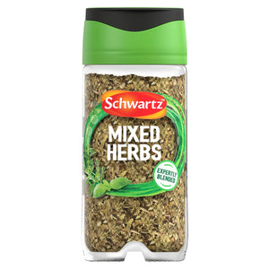 A clear plastic jar of Schwartz Mixed Herbs 11G with a green and black lid, shown against a white background.