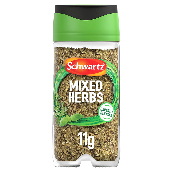 A clear plastic jar of Schwartz Mixed Herbs 11G is shown against a white background, featuring a green and black lid.