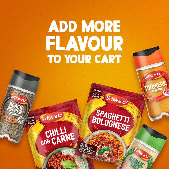 An advertisement for Schwartz products features a variety of seasonings and recipe mixes, including Schwartz Black Pepper, Chilli Con Carne, Spaghetti Bolognese, Garlic Salt, and a jar of Schwartz Turmeric Ground 37G, all displayed under the headline ADD MORE FLAVOUR TO YOUR CART.