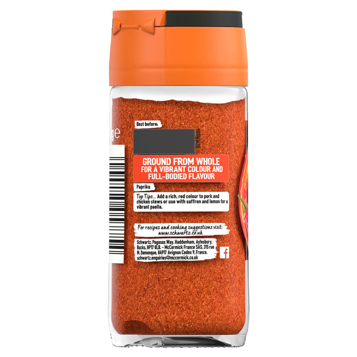 The back label of a jar of Schwartz Paprika 40G provides top tips for adding rich, red colour to dishes like pork stews and paella.