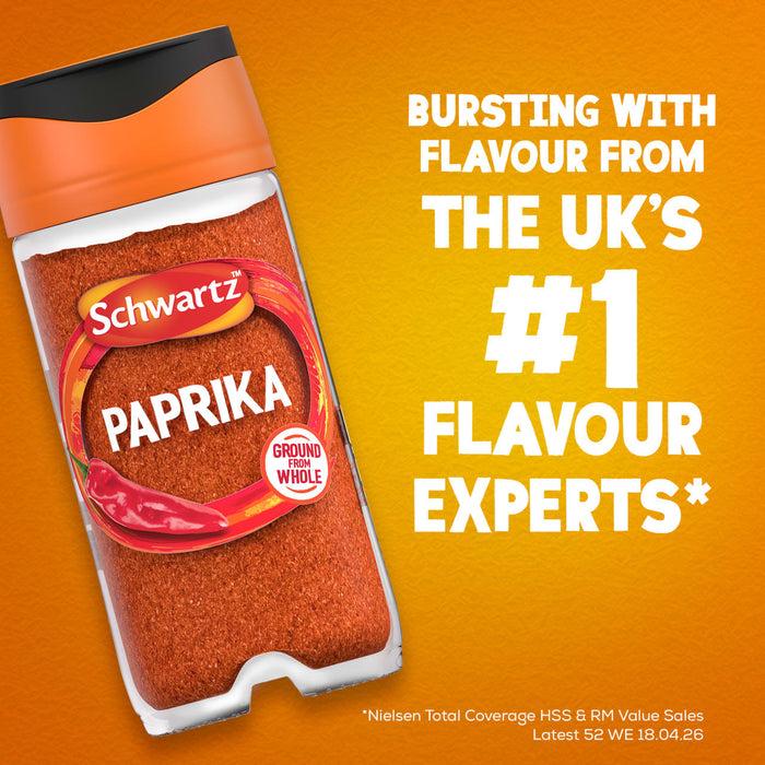 An advertisement features a jar of Schwartz Paprika 40G on an orange background, with text proclaiming it is from the UKs #1 flavour experts.
