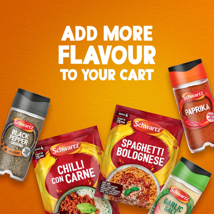An advertisement for Schwartz products, including Schwartz Paprika 40G, Black Pepper, Garlic Salt, and meal mixes for Chilli Con Carne and Spaghetti Bolognese, with the text Add more flavour to your cart.