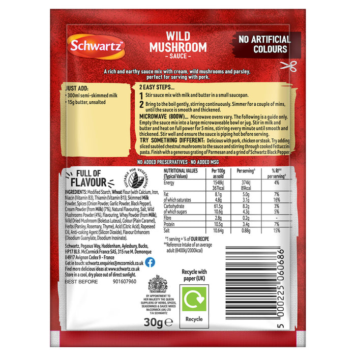 The back of a packet of Schwartz Wild Mushroom Sauce Mix 30G provides detailed cooking instructions for hob and microwave preparation along with a full list of ingredients and nutritional information.