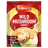 A packet of Schwartz Wild Mushroom Sauce Mix 30G featuring a serving suggestion of creamy sauce over sliced chicken and mashed potatoes.