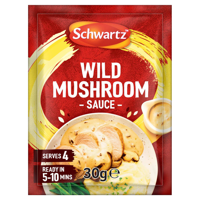 A packet of Schwartz Wild Mushroom Sauce Mix 30G featuring a serving suggestion of creamy sauce over sliced chicken and mashed potatoes.