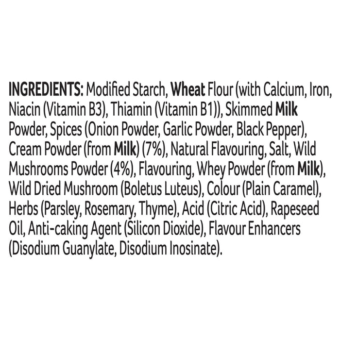 A detailed list of ingredients for Schwartz Wild Mushroom Sauce Mix 30G including modified starch, wheat flour, skimmed milk powder, and wild mushrooms.