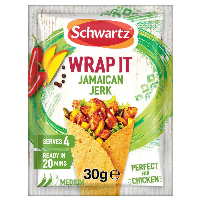 A 30g packet of Schwartz Wrap It Jamaican Jerk seasoning mix featuring a vibrant illustration of a filled wrap alongside fresh mango slices and red chili peppers.
