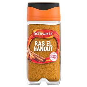 A clear glass jar of Schwartz Ras El Hanout 38G featuring a vibrant orange cap and a label showing whole cinnamon sticks and ginger root