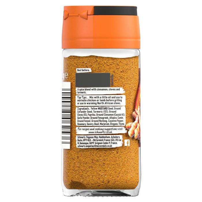 The back label of a bottle of Schwartz Ras El Hanout 38G displays a comprehensive list of ingredients including yellow mustard seed, coriander, turmeric, and cassia cinnamon.