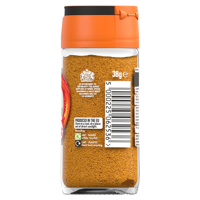 A back view of a glass jar containing Schwartz Ras El Hanout 38G showing the barcode and recycling information on the label.