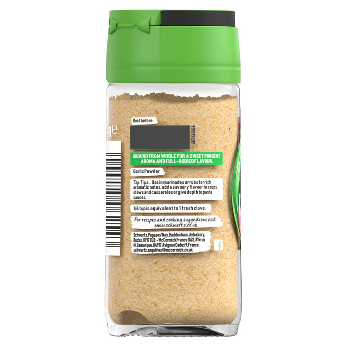 A back view of a glass jar of Schwartz Garlic Powder 55G showing usage tips and the conversion that one quarter teaspoon is equivalent to one fresh clove.