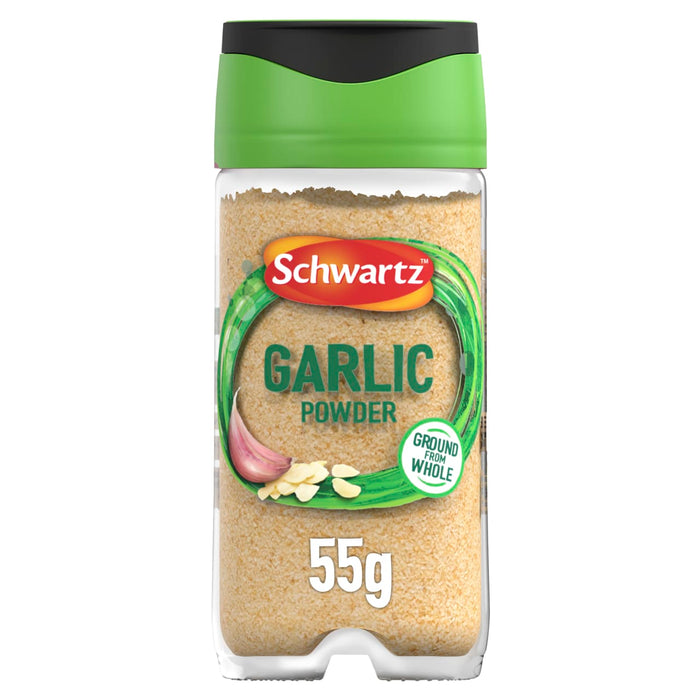 A clear glass jar of Schwartz Garlic Powder 55G featuring a green lid and a label with an illustration of fresh garlic cloves.