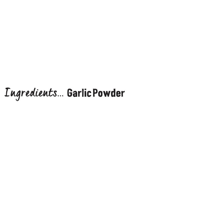 A simple graphic displays the ingredient list for Schwartz Garlic Powder 55G in a stylized black font against a plain white background.