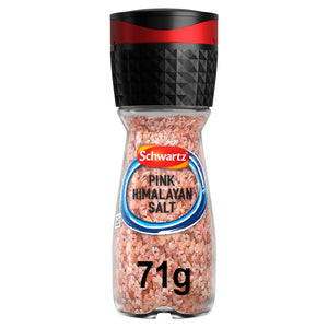 A clear glass grinder bottle of Schwartz Pink Himalayan Salt 71G featuring coarse pink salt crystals and a black textured grinder cap.