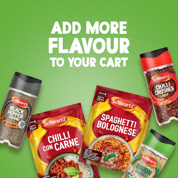 An advertisement for Schwartz products shows a variety of seasonings and meal mixes, including Black Pepper, Crushed Chilli, a jar of Schwartz Onion Granules 30G, and packets for Spaghetti Bolognese and Chilli Con Carne, under the text ADD MORE FLAVOUR TO YOUR CART.