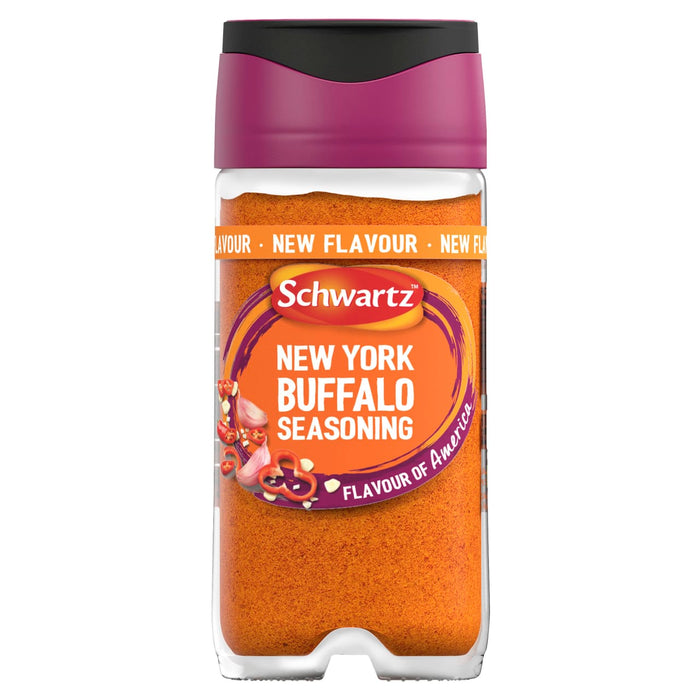 A clear glass jar filled with vibrant orange Schwartz New York Buffalo Seasoning 50G featuring a purple and orange label with illustrations of garlic and chili peppers.