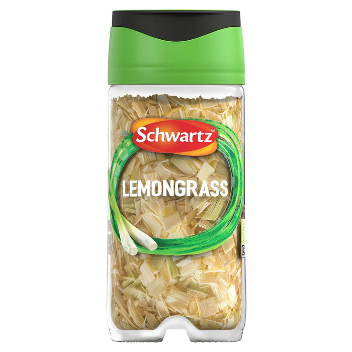 A clear glass jar of Schwartz Lemongrass 6.5G filled with dried and chopped lemongrass stalks featuring a green lid and a vibrant label.