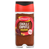 A clear glass jar of Schwartz Chipotle Chilli Powder 46G featuring a red and black flip-top lid and a label showing a whole dried chipotle pepper