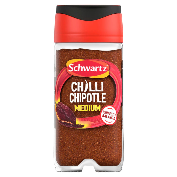 A clear glass jar of Schwartz Chipotle Chilli Powder 46G featuring a red and black flip-top lid and a label showing a whole dried chipotle pepper