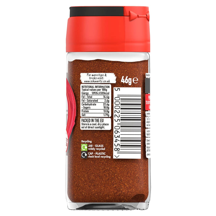 A back view of a glass jar of Schwartz Chipotle Chilli Powder 46G showing the nutritional information and recycling instructions on the label.