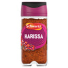 A clear glass jar of Schwartz Harissa 48G filled with a vibrant red spice blend and topped with a signature purple and black cap.