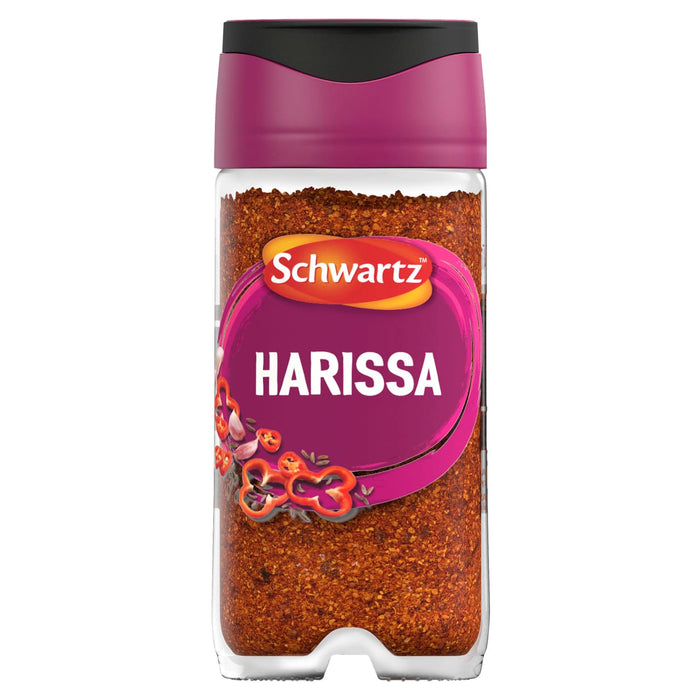 A clear glass jar of Schwartz Harissa 48G filled with a vibrant red spice blend and topped with a signature purple and black cap.