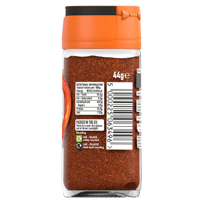 A back view of a glass jar of Schwartz Sumac Ground 44G showing the nutritional information and barcode on the label.