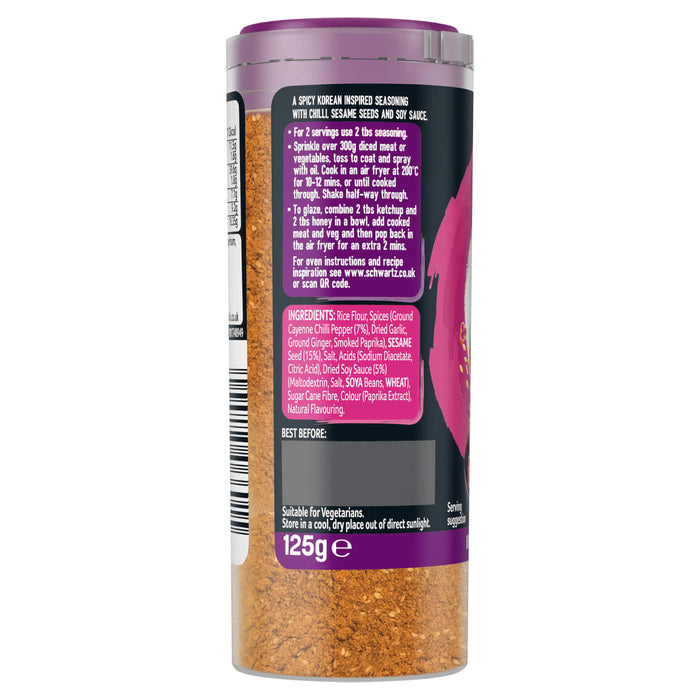 The back of a bottle of Schwartz Af Sy Korean Seas, showing the ingredients list and cooking instructions for the spicy Korean-inspired seasoning.