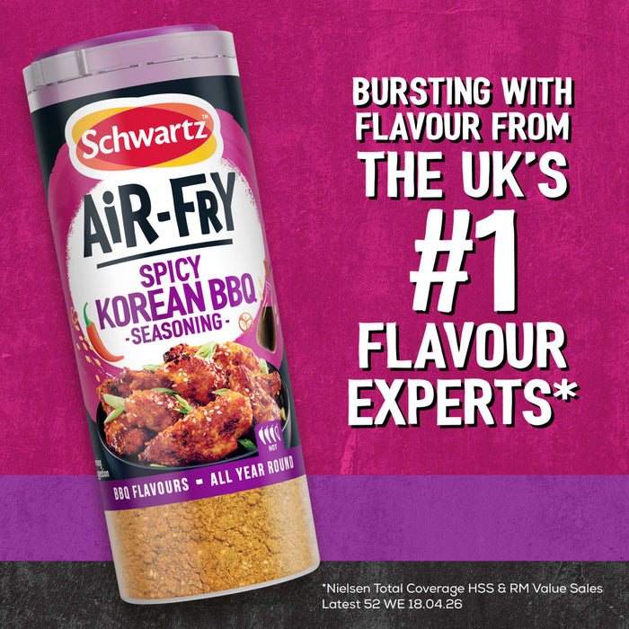 A promotional graphic for Schwartz Af Sy Korean Seas highlights its bold flavor as the number one choice from the UK flavour experts.